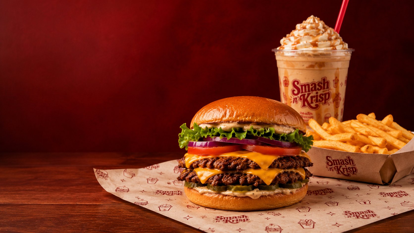 Double smash burger with a caramel shake and fries on branded paper