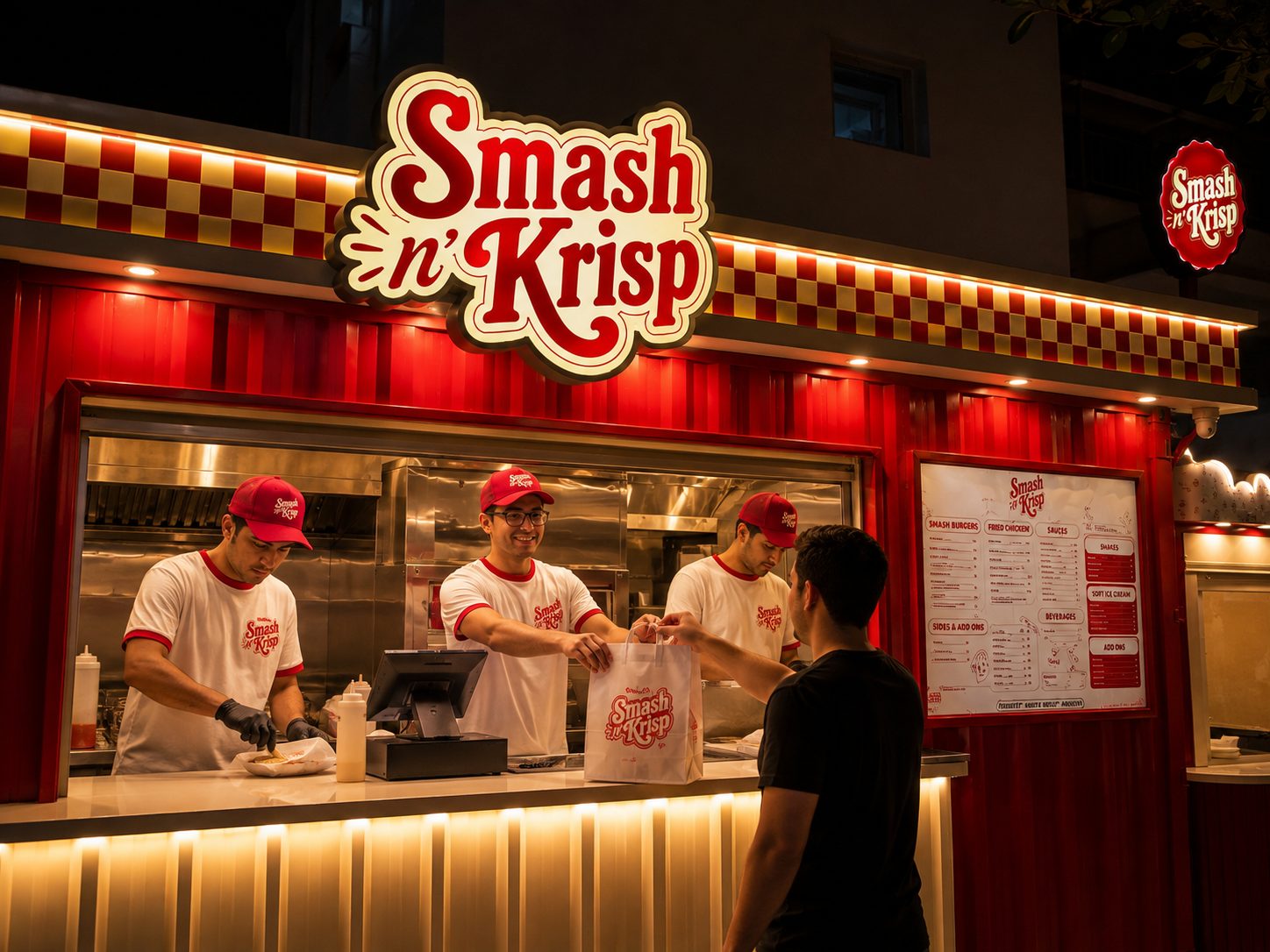 The Smash n' Krisp crew serving at the truck window