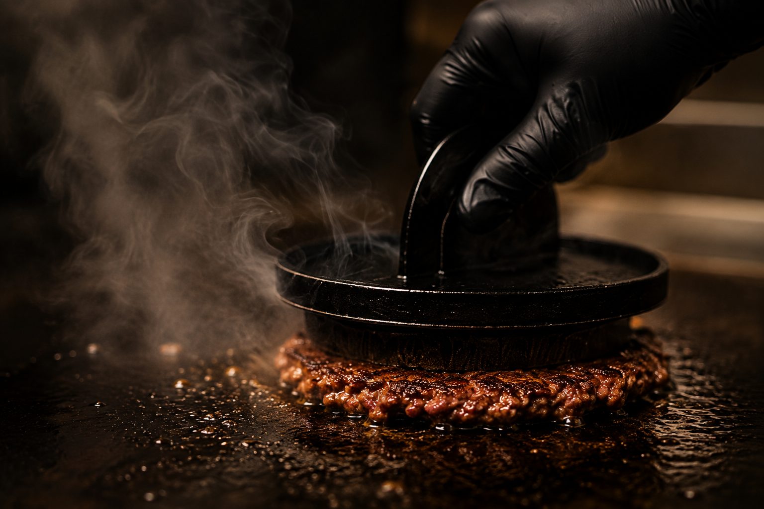 A beef ball being smashed on the screaming-hot flat-top