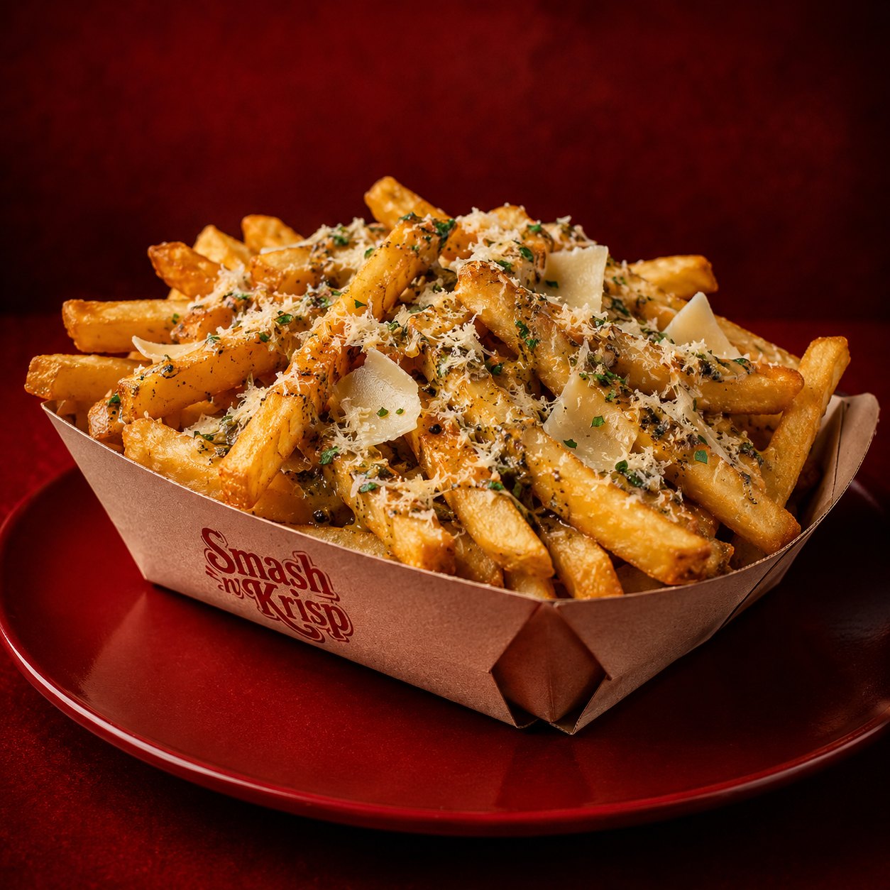 Truffle parmesan fries in a Smash n' Krisp tray