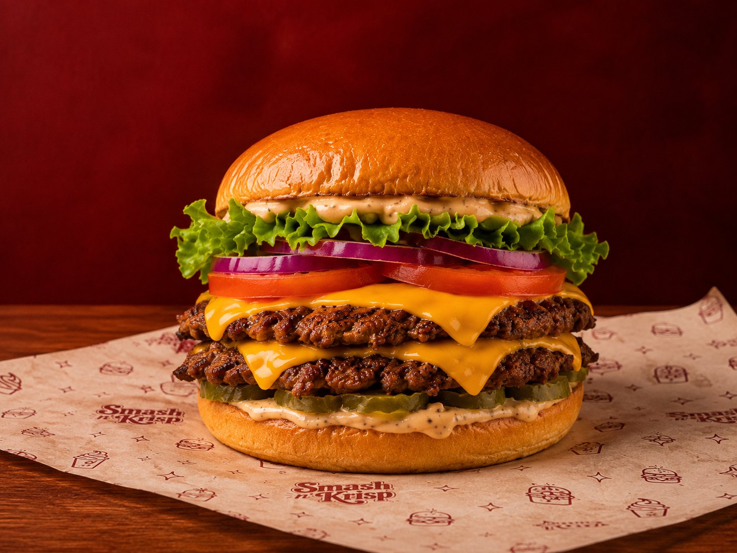 OG Smash double beef burger with cheese, lettuce, tomato and onion