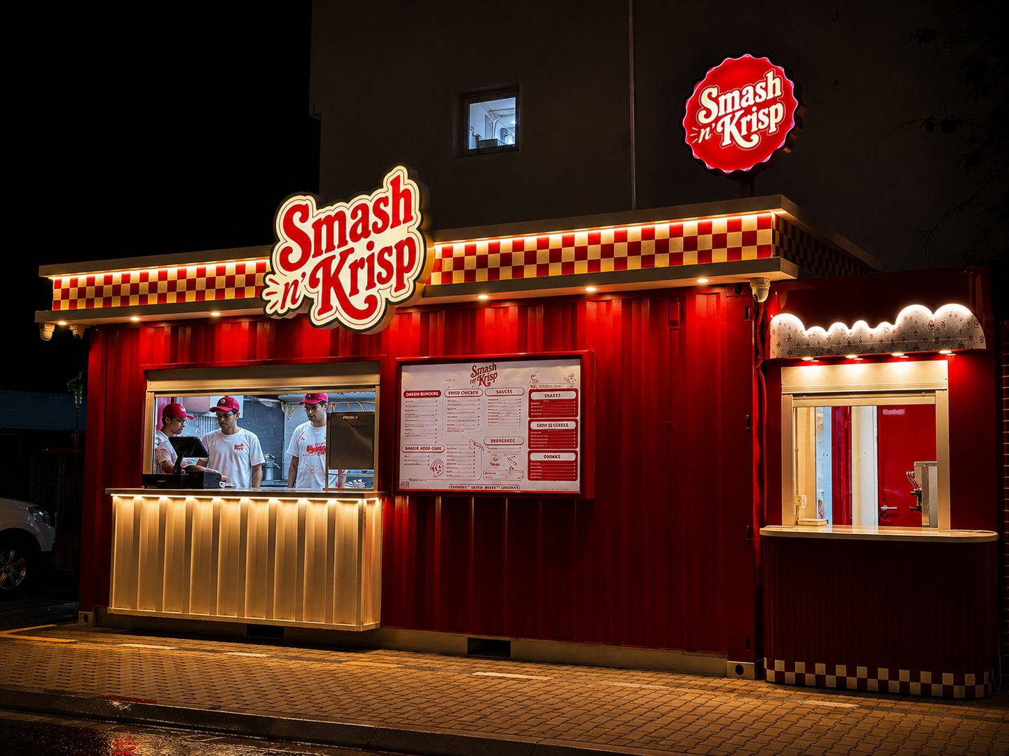 The Smash n' Krisp stand lit up at night in Dreamland