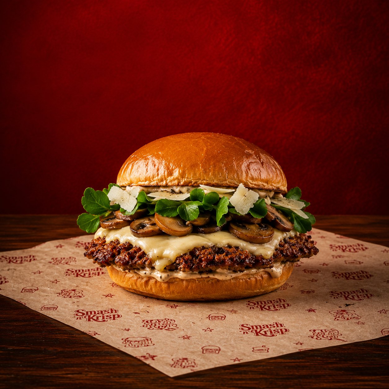 Truffle Parm smash burger with mushrooms